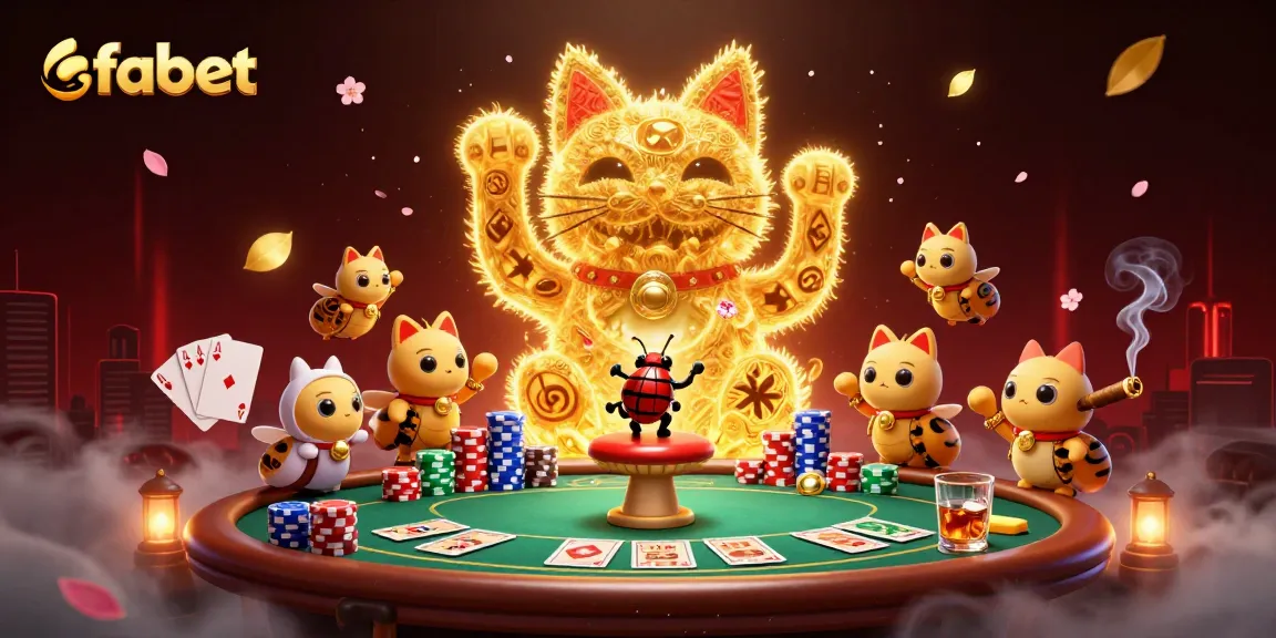 Experience the thrill of fabet as golden fireflies shape a lucky cat in a bustling casino scene.