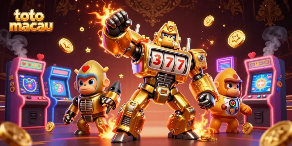 Mainkan toto macau dengan mesin slot yang menarik di ilustrasi 3D penuh warna.