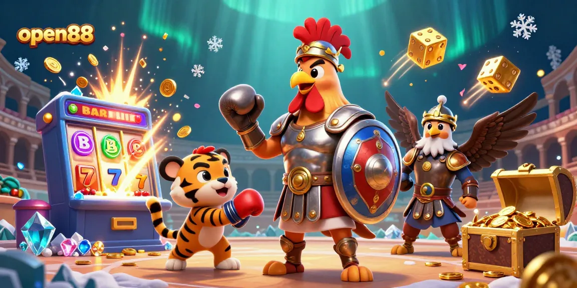 Experience thrilling games at open88 with a dynamic scene of a gladiator rooster and tiger cub in a vibrant casino atmosphere.
