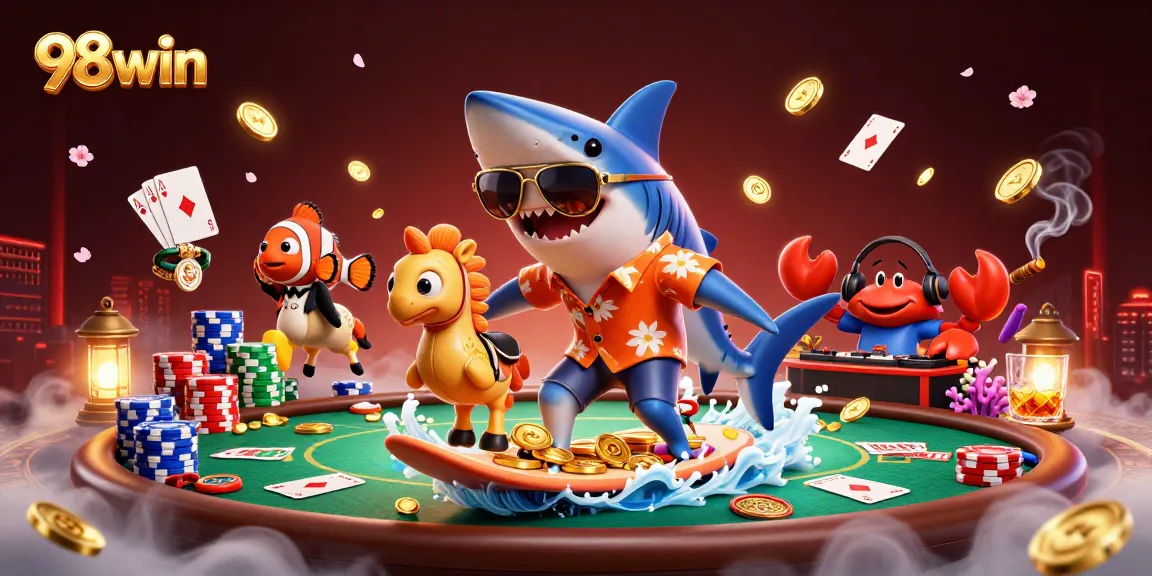 Catch the wave of 98win excitement with dynamic casino characters amidst vibrant game elements.