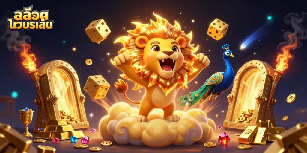 เล่นสล็อตทดลองเล่นในภาพที่มีสิงโตตัวการ์ตูนและลูกเต๋าทองคำ