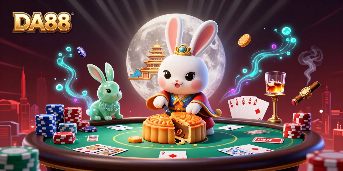 Engage with DA88's vibrant casino scene featuring a moon rabbit and poker elements.