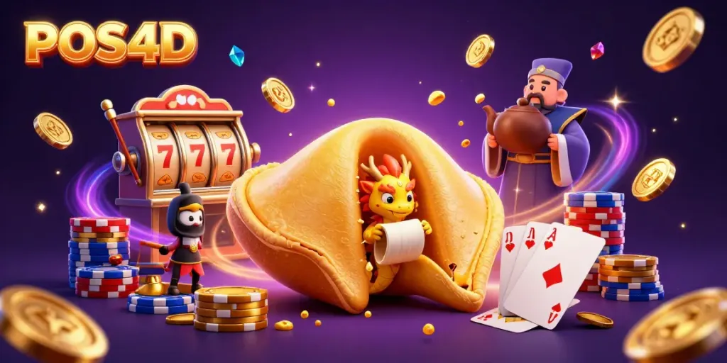 POS4D menyajikan dunia kasino yang berkilau dengan slot, koin emas, dan karakter unik.