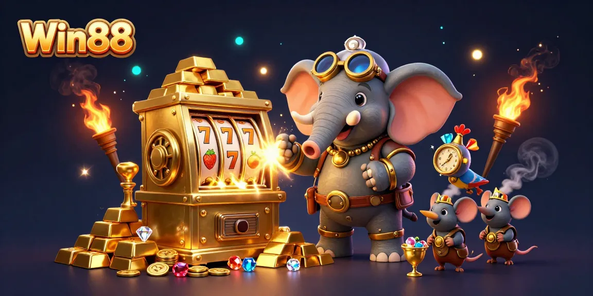 Win88 features a steampunk elephant operating a golden slot machine with rich decorations, enhancing the gaming experience.