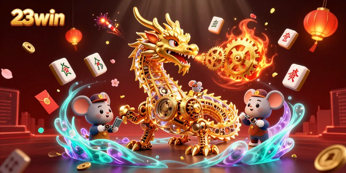 Engage in thrilling gameplay at 23win with a dynamic illustration featuring a golden dragon amidst gambling elements.
