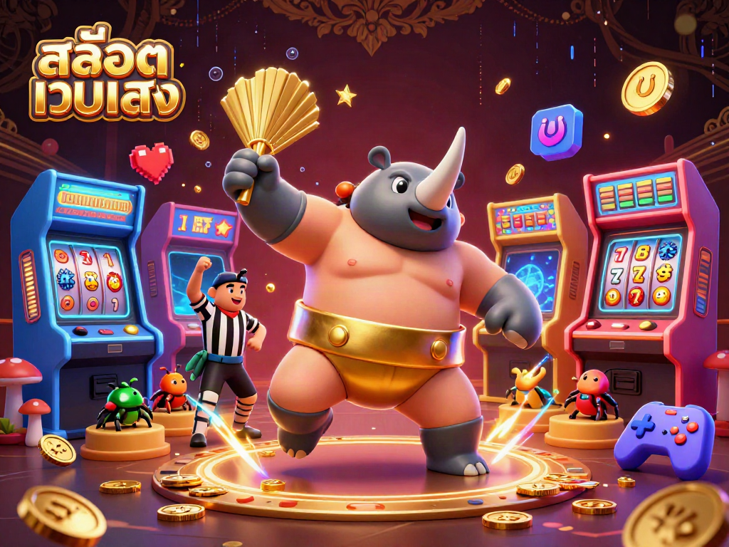 Experience สล็อตเว็บตรง action with a beetle champion amidst colorful slot reels, coins flying in a vibrant casino.