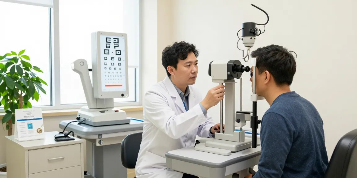 Ophthalmologist examining patient's eyes using Болорсолих advanced technologies in a modern eye clinic.