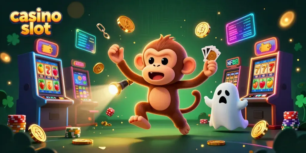 Experience the thrill of casino slots with a mischievous monkey and a curious puppy in this vibrant casino scene.