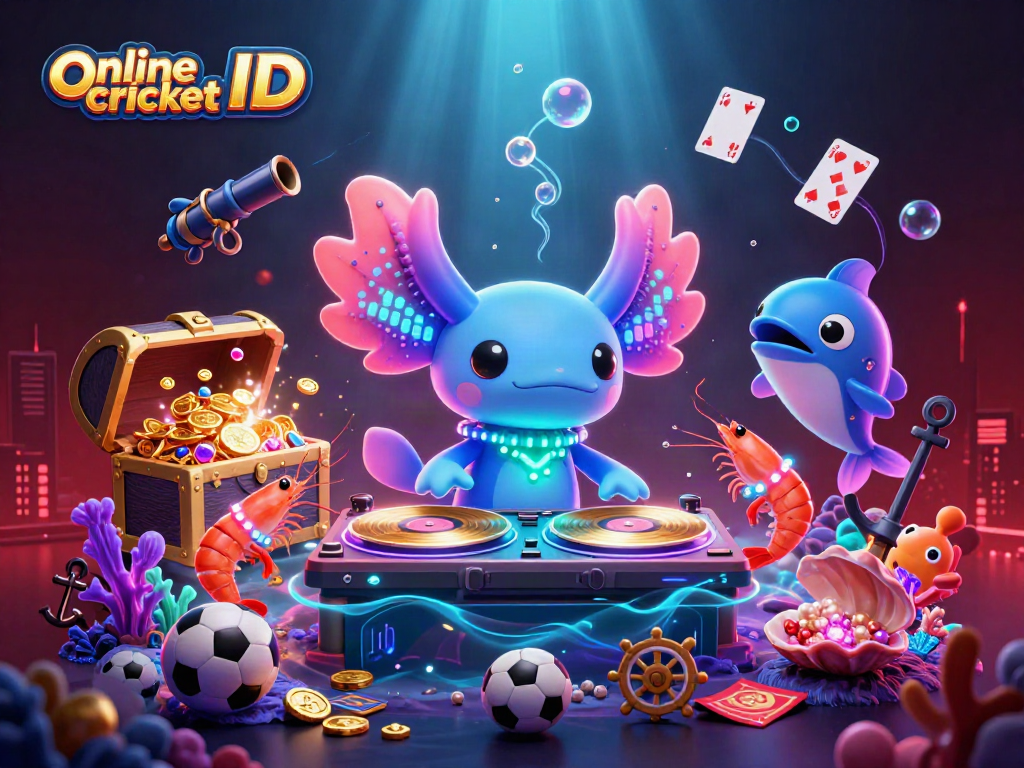 Experience exhilarating Online Cricket ID betting with a vibrant axolotl DJ and sports elements.