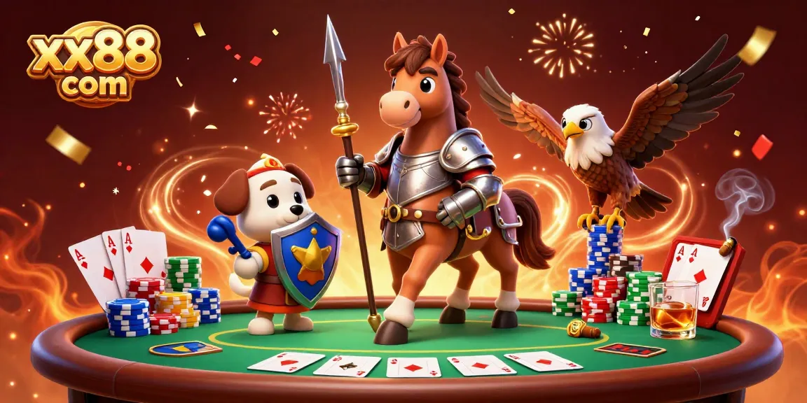 Engage with xx88 com through thrilling poker action featuring knights and playful characters.