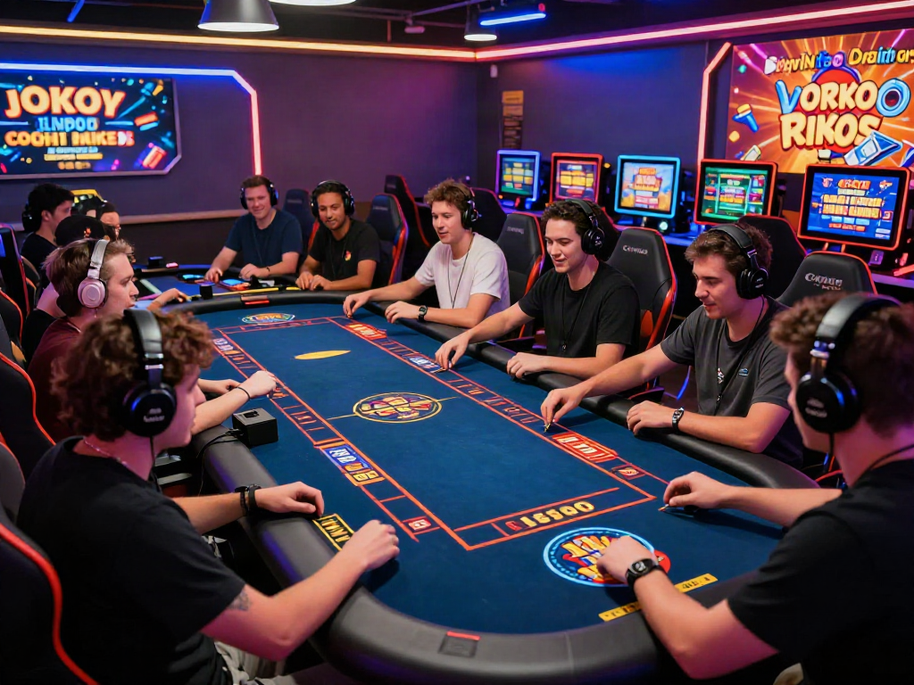 A vibrant gaming scene showcasing players enjoying akunjp online slot games with neon lights and digital excitement.