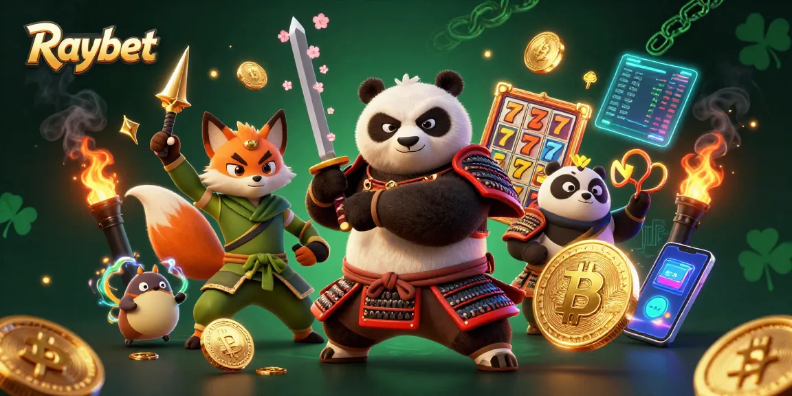 Raybet offers thrilling slot gaming experiences with samurai panda and ninja fox in an energetic casino-themed scene.