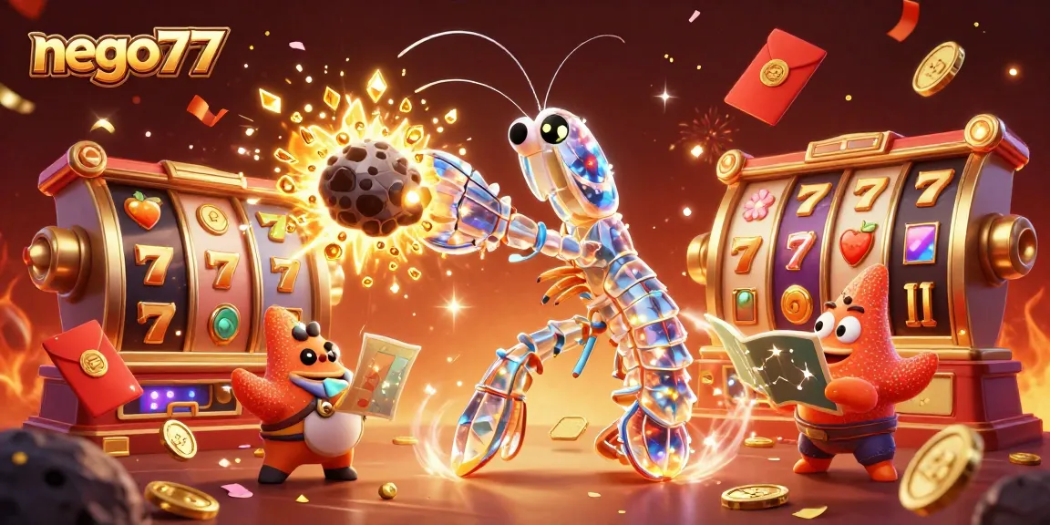 Nego77 presents a thrilling scene of a galactic samurai and starfish navigating the jackpot path in slot gaming.