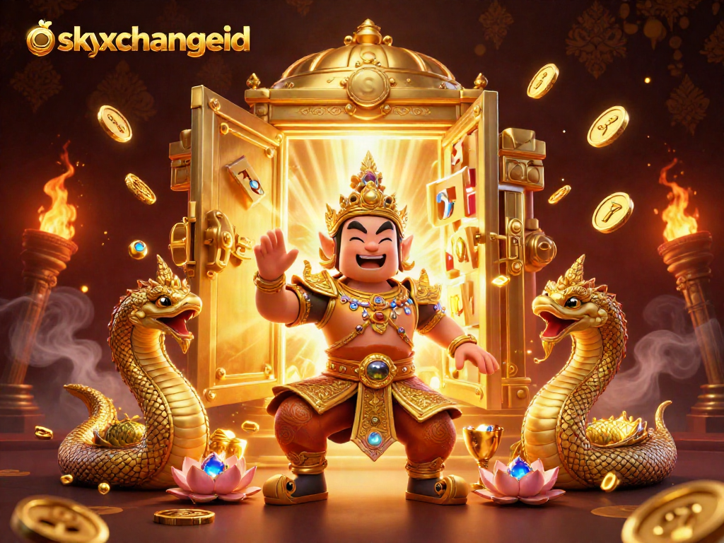 Experience the excitement of skyxchangeid with dynamic gaming symbols and treasure in a colorful 3D illustration.