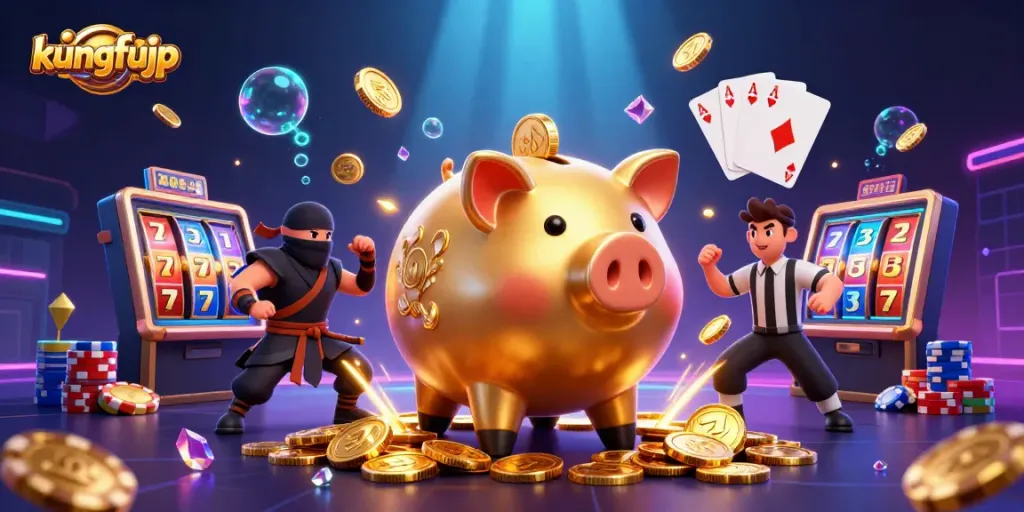Permainan slot menguntungkan di kungfujp dengan piggy bank dan ninja bertarung.