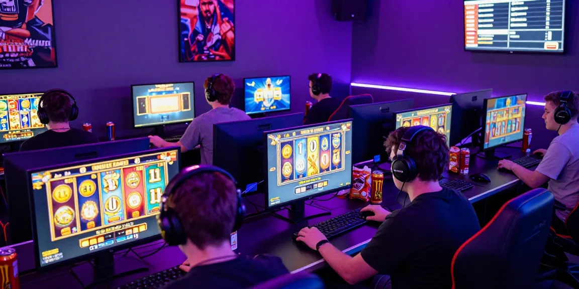Pengalaman bermain slot gacor hari ini di lingkungan permainan online yang dinamis, dengan pemain fokus pada layar dengan berbagai permainan slot.