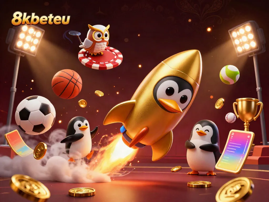 Experience thrilling gaming with 8kbeteu featuring a golden penguin in space surrounded by dynamic sports elements.
