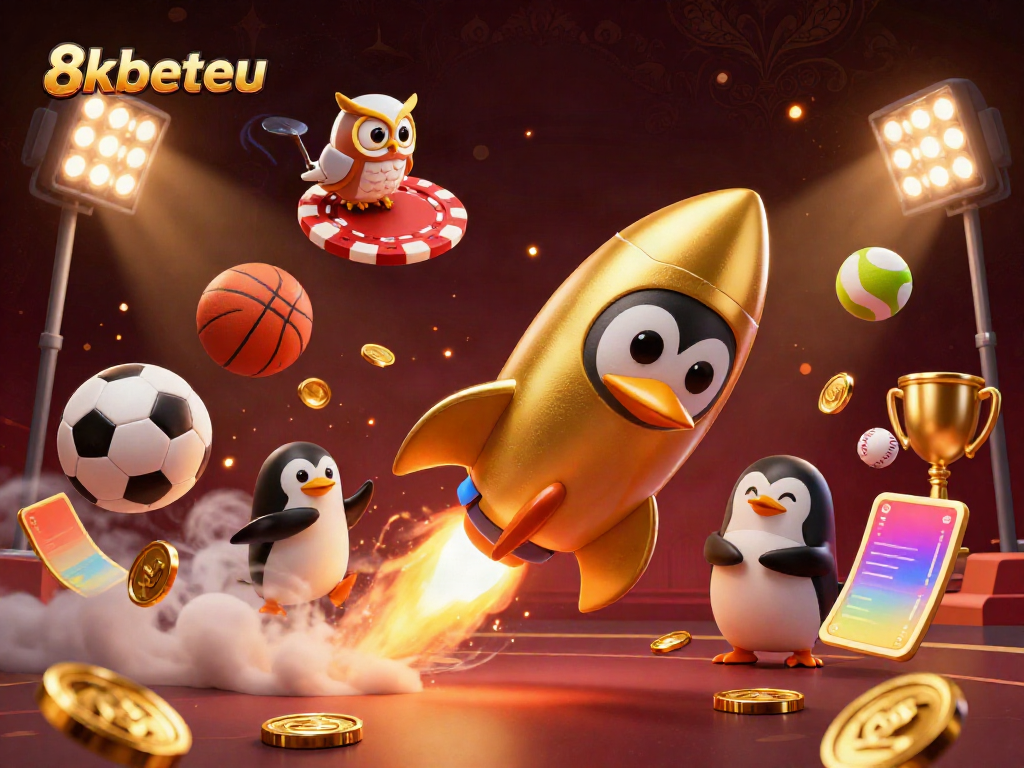 Experience thrilling gaming with 8kbeteu featuring a golden penguin in space surrounded by dynamic sports elements.