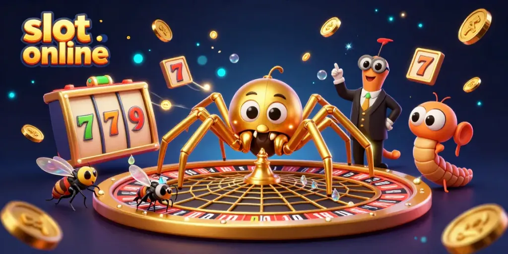 Experience the excitement of slot online with our vibrant 3D illustration featuring dynamic game elements and characters.