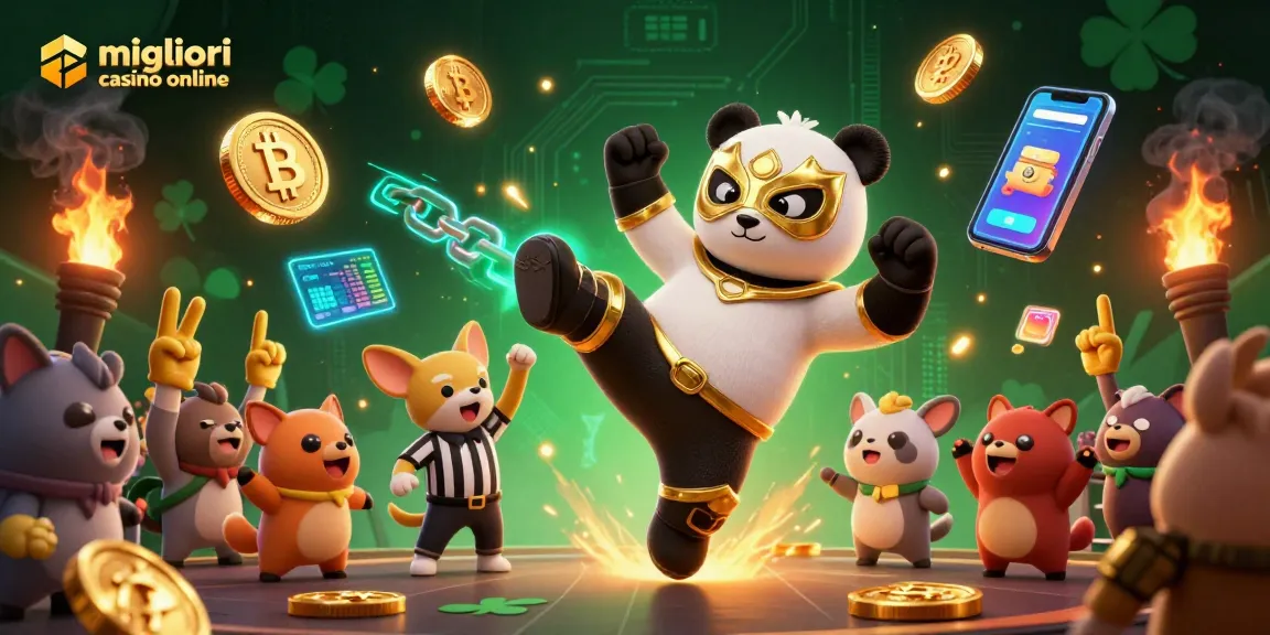 Vivi l'emozione nei migliori casino online con personaggi entusiasmanti e elementi di criptovaluta scintillanti in una scena vibrante.
