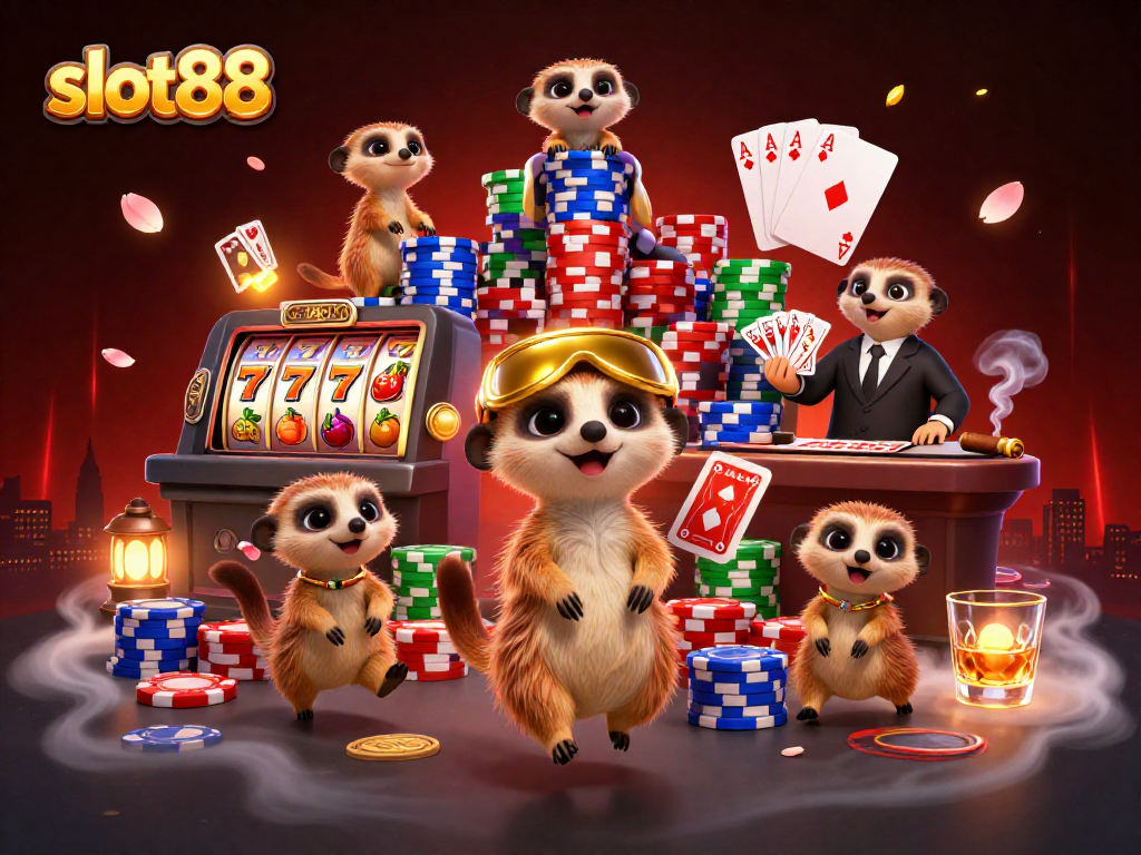 Slot88 menampilkan koloni meerkat di kasino yang beroperasi dengan slot dan kartu poker yang meriah.
