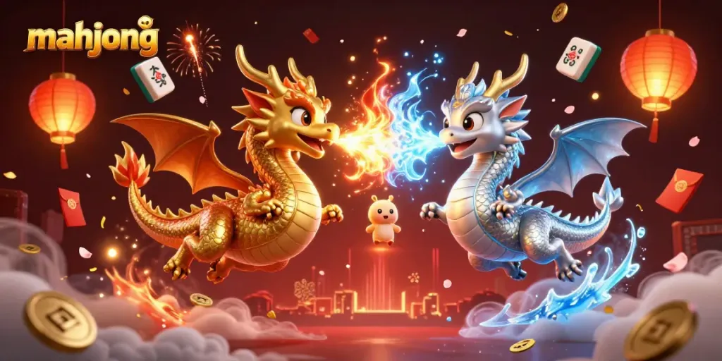 Permainan mahjong yang cocok untuk pemain dengan tampilan 3D karakter naga emas dan perak.