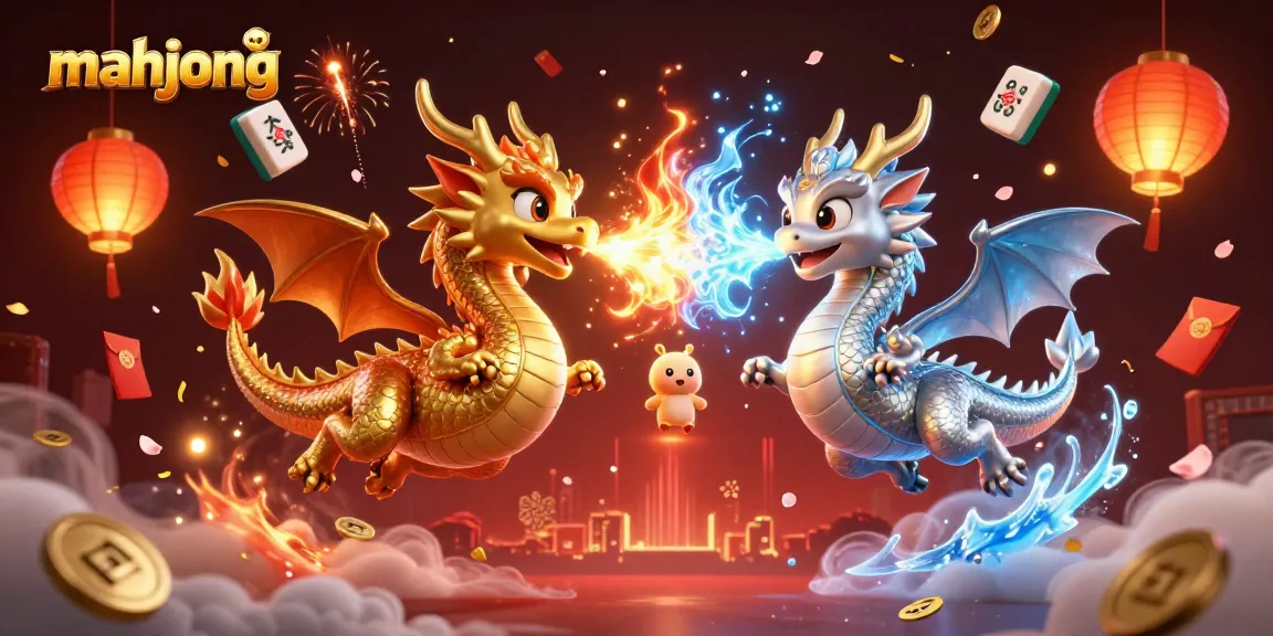 Permainan mahjong yang cocok untuk pemain dengan tampilan 3D karakter naga emas dan perak.