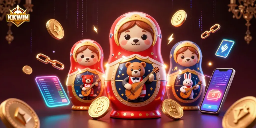 Engage with KKWIN's captivating 3D casino illustration featuring Matryoshka bears and crypto elements.
