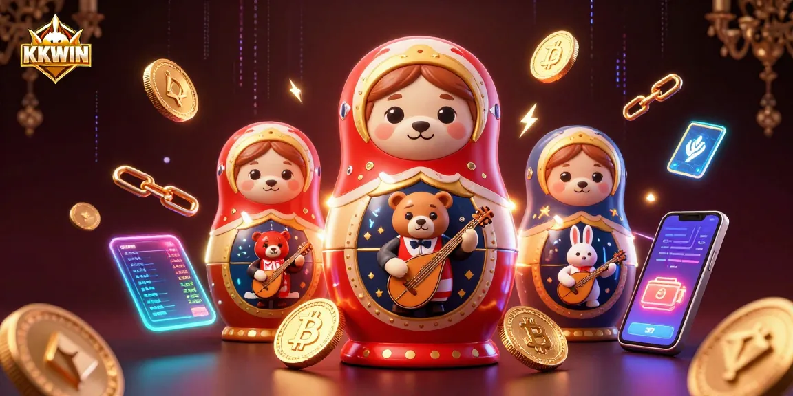 Engage with KKWIN's captivating 3D casino illustration featuring Matryoshka bears and crypto elements.
