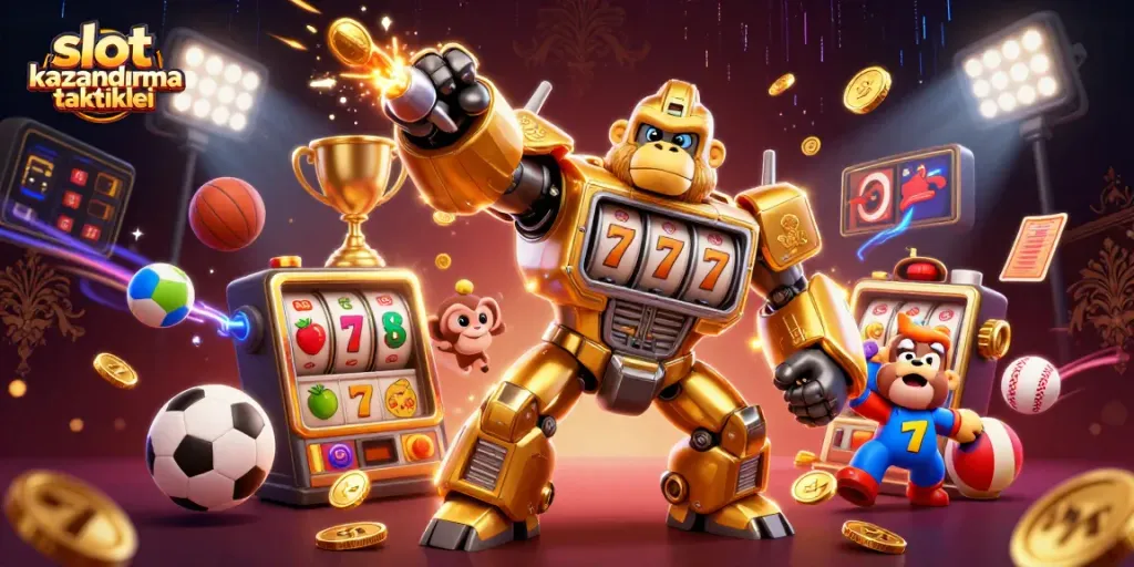 Experience slot kazanma taktikleri with a dynamic 3D illustration of a golden gorilla mech among slot machines.