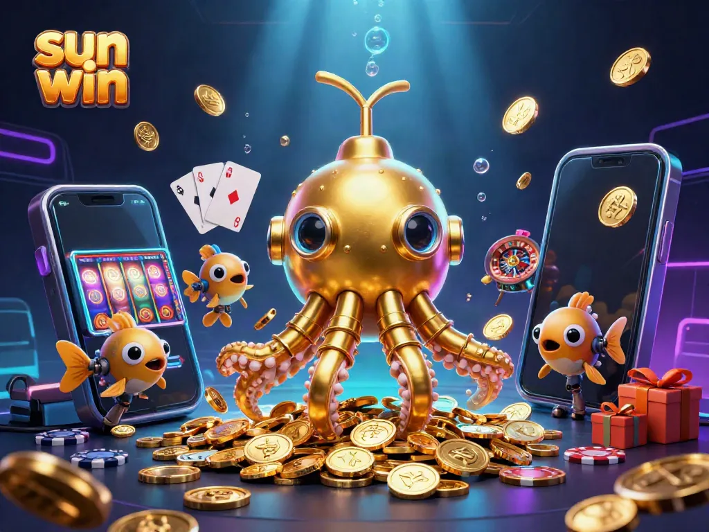 Experience thrilling gameplay with sun win as the golden kraken submarine surfaces among golden coins and slot games.