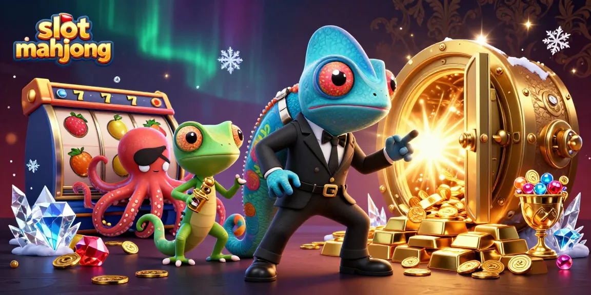 Engage in thrilling slot mahjong action with chameleon, gecko, and octopus characters.