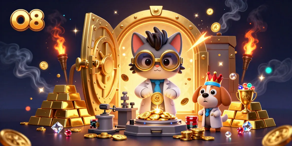 Engage with the vibrant O8 scene showcasing a mad scientist cat creating winning strategies with poker elements.