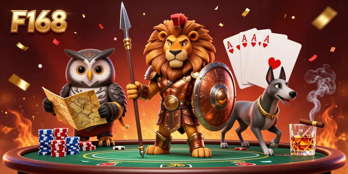Experience excitement with F168 as a Spartan lion, owl, and greyhound celebrate at a poker table, surrounded by vibrant casino elements.