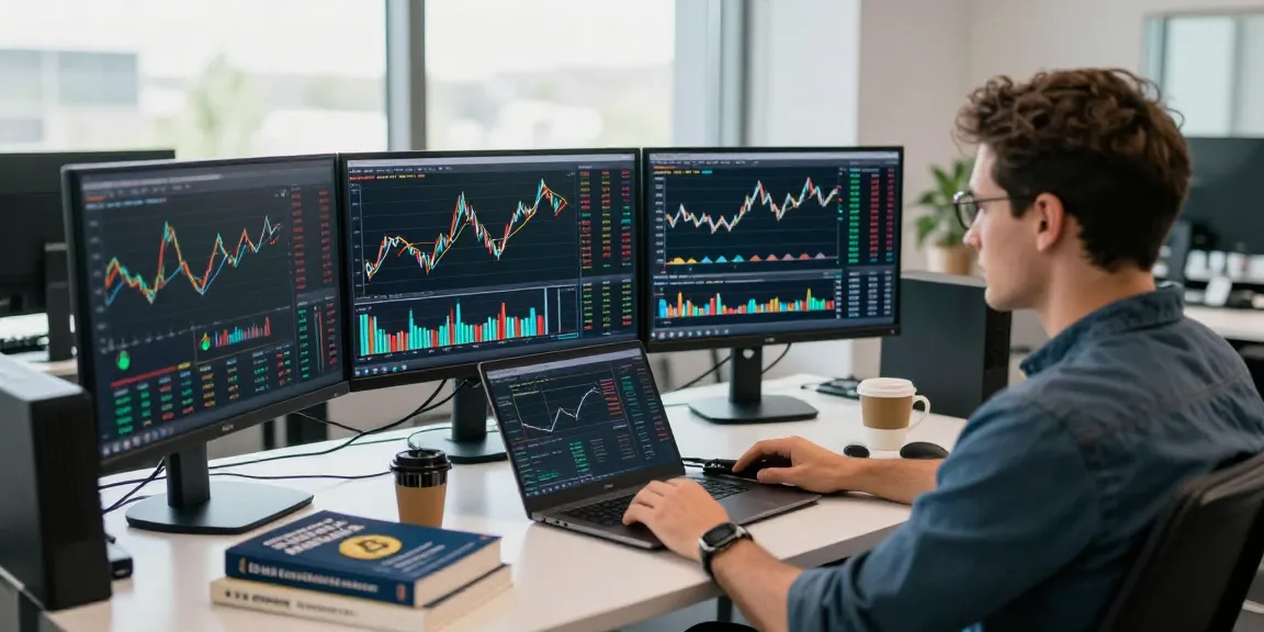 Профессиональный трейдер анализирует отзывы о BitMEX на экранах компьютера с графиками