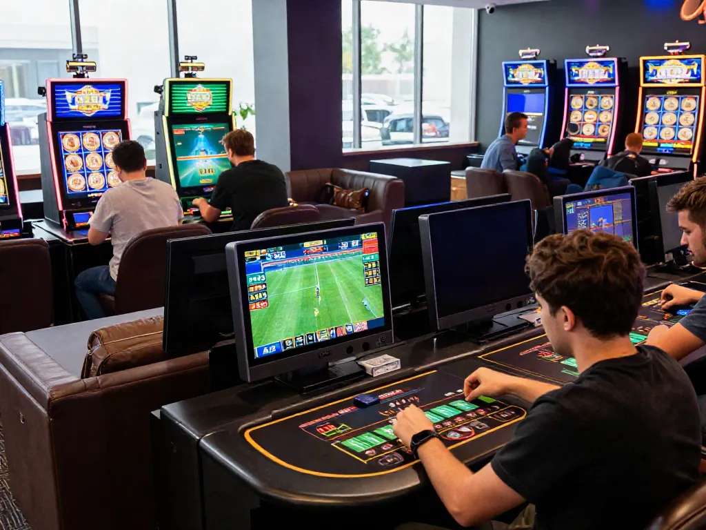 Ufa online betting scene with players engaging in football, casino games, and slots in a modern lounge.