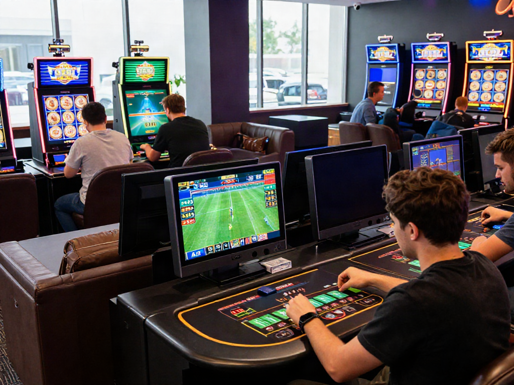 Ufa online betting scene with players engaging in football, casino games, and slots in a modern lounge.