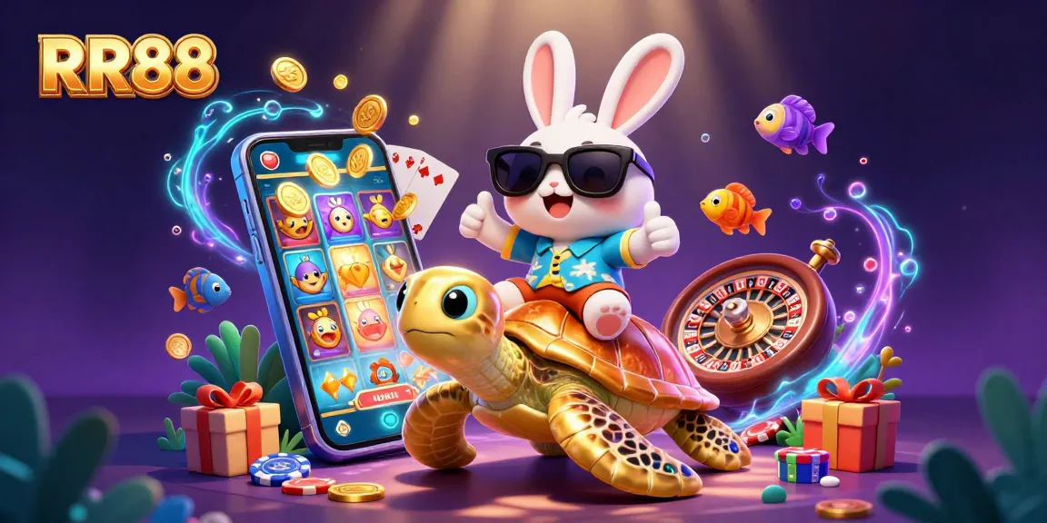 Play and win big at RR88 with a vibrant 3D scene of a lucky rabbit and a golden turtle amidst exciting casino elements.