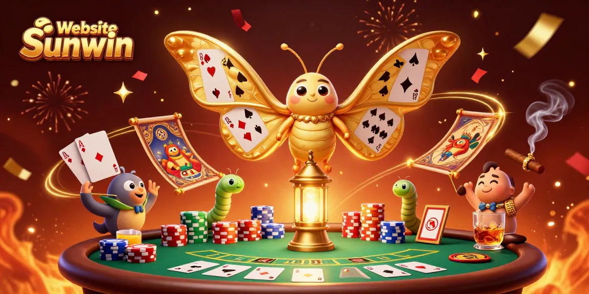 Engage with Website Sunwin's thrilling poker scene featuring a vibrant 3D illustration of a golden atlas moth.
