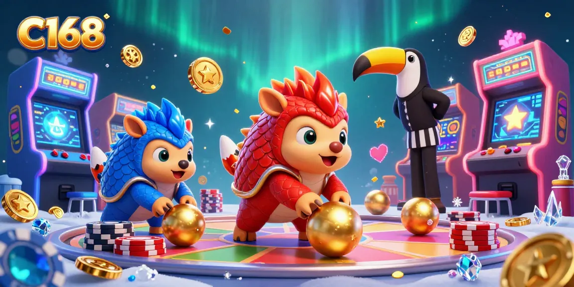 C168 features a vibrant scene with pangolins competing in a casino-themed arcade game filled with poker chips.