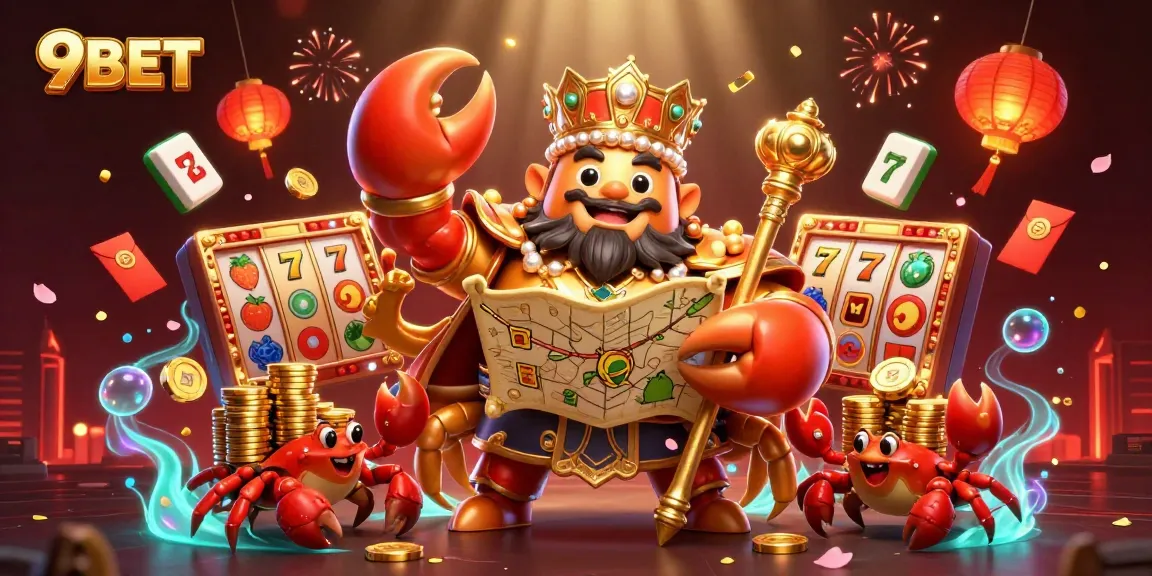 Engage with 9BET's vibrant casino scene featuring a golden crab emperor and animated fortune symbols.