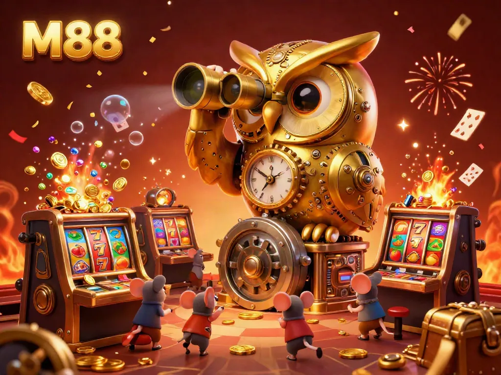 M88 slots come alive with a golden owl and festive elements celebrating casino wins.