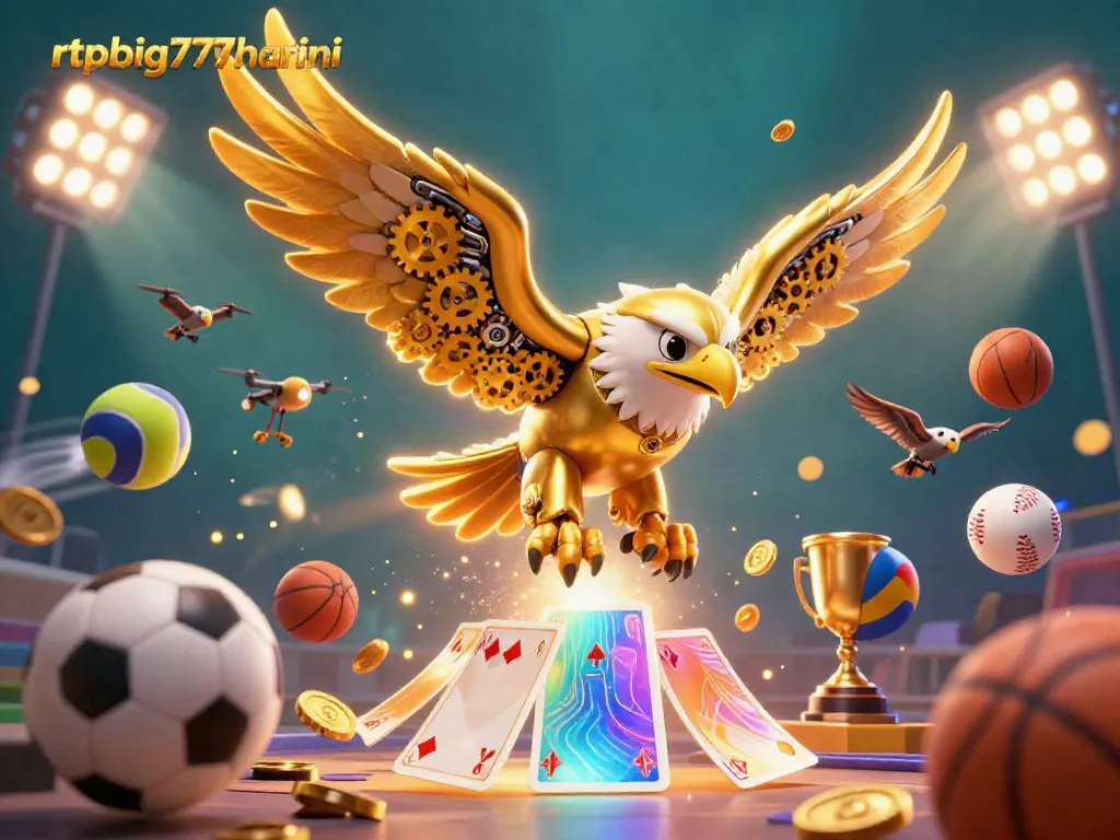 Experience the thrill of rtpbig777hariini gaming with a cybernetic eagle and dynamic sports elements.