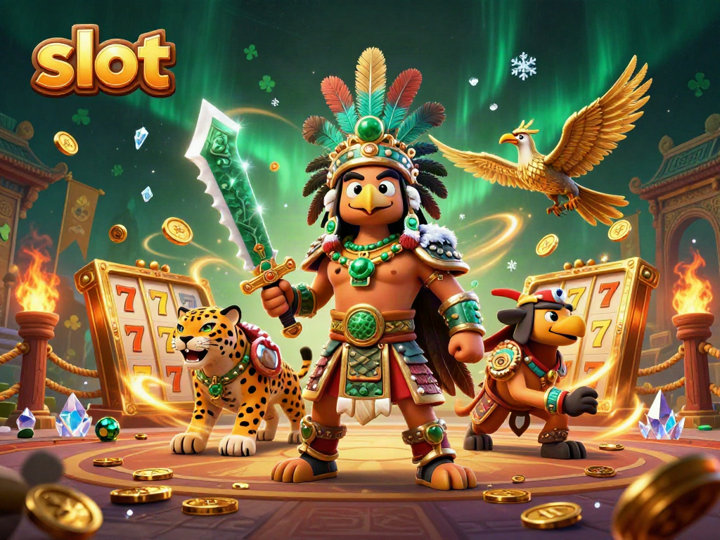 Aztec warrior eagle and jaguar displaying dynamic slot gameplay action amidst golden coins and vibrant colors.