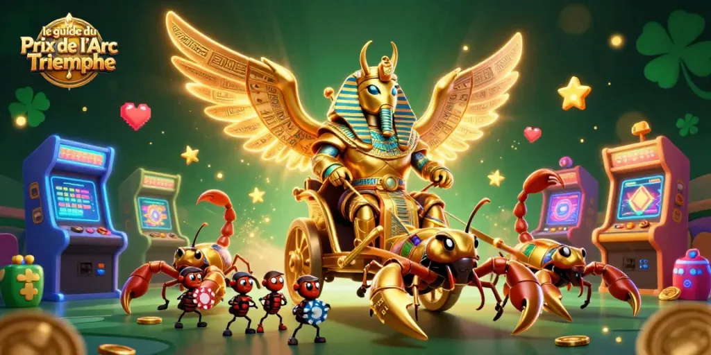 Engage with le guide du Prix de l'Arc de Triomphe through an exciting gaming scene filled with vibrant characters and casino elements.