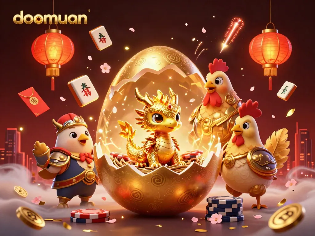 Doomuan showcases a golden dragon on poker chips with vibrant casino elements in a dynamic 3D scene.
