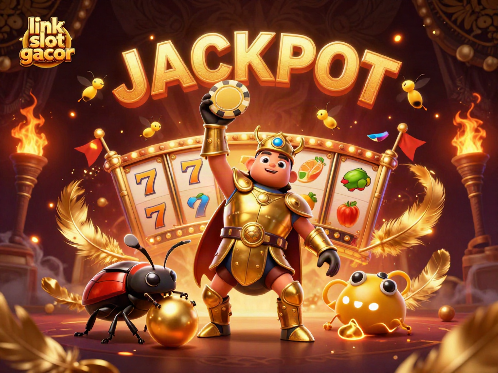 Engage with link slot gacor as a hercules beetle celebrates jackpot victory amidst vibrant casino elements.