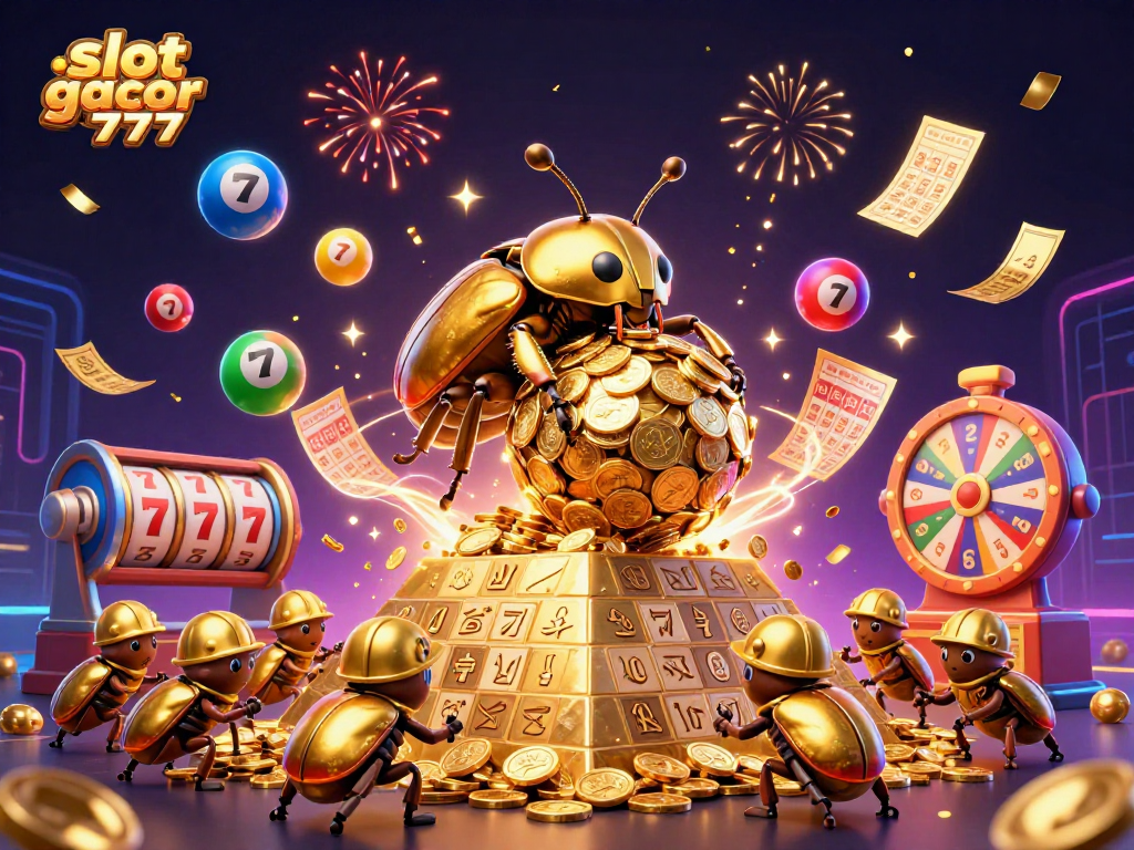 Exciting gameplay at slot gacor 777 with golden coins, lottery balls, and vibrant casino elements
