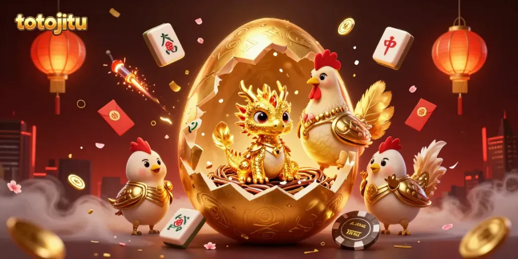 Engage with totojitu as a golden dragon reveals treasures amongst mahjong tiles and festive symbols.