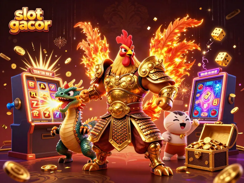 Engage with the slot gacor experience through this dynamic scene featuring warrior characters, slot machines, and casino symbols.